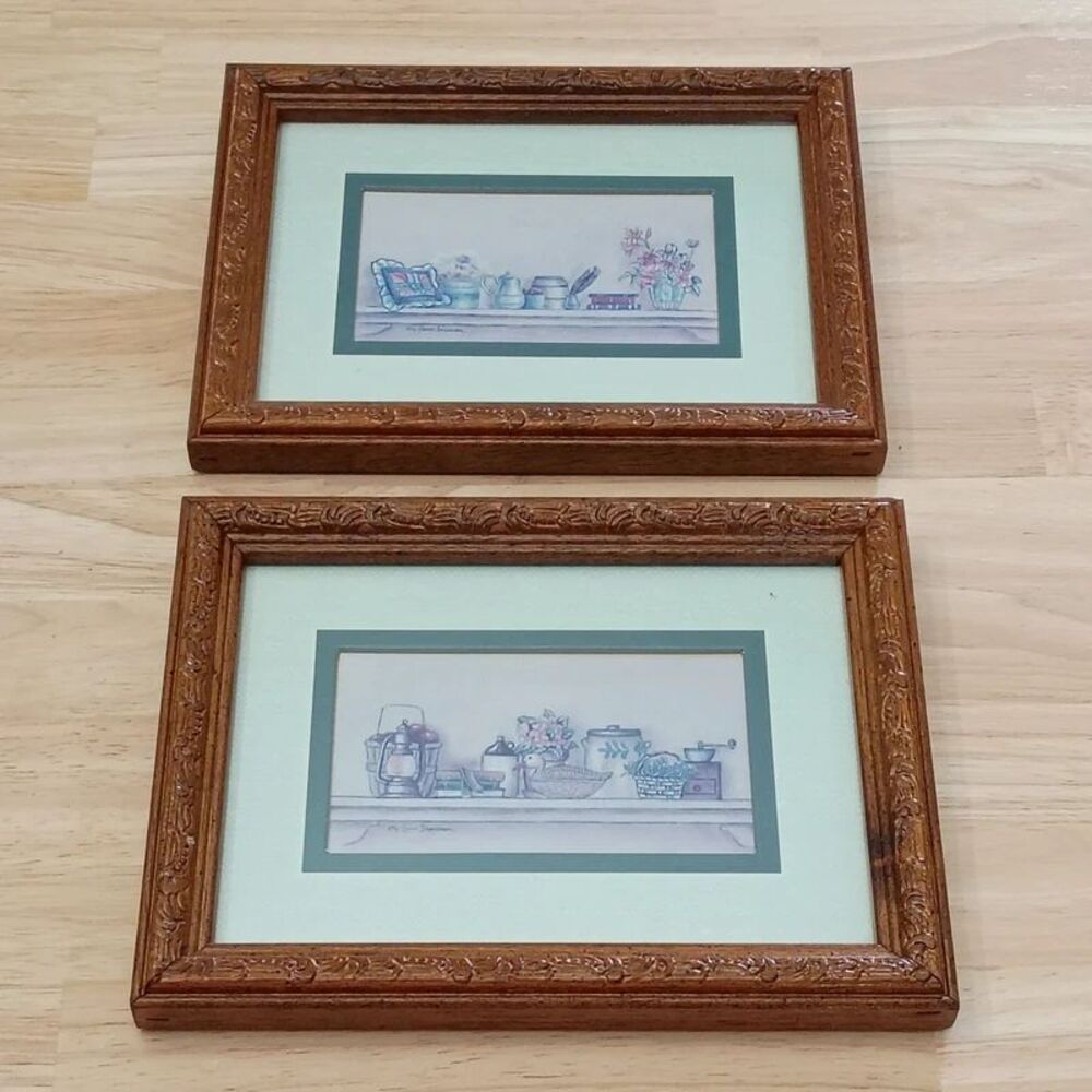 Vintage Wooden Matted Print by Kay Lamb Shannon Set of 2 Wall Hangings